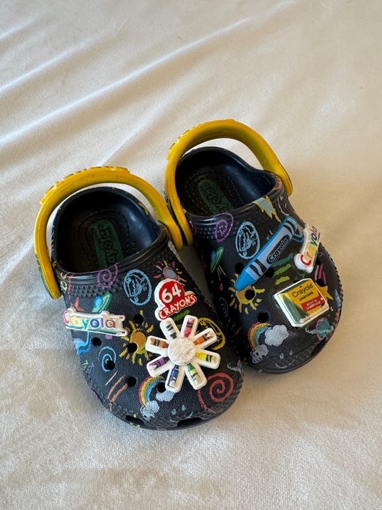 CROCS Other - CROCS Kids Black Clog with Yellow Strap and Colorful Crayola Print